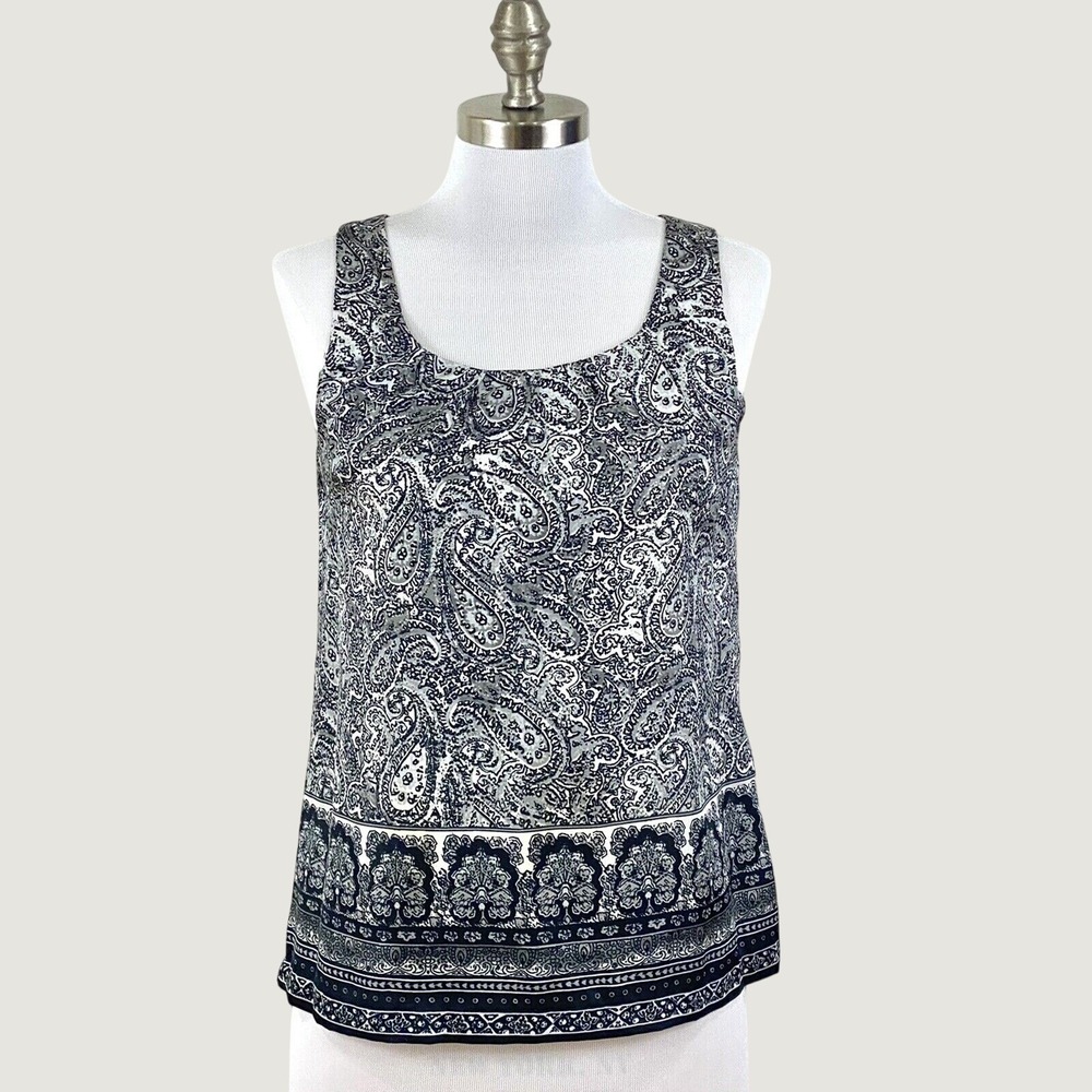 Dana Buchman Tank Top Womens XS Blue White Paisley Sleeveless Exposed Zip Blouse